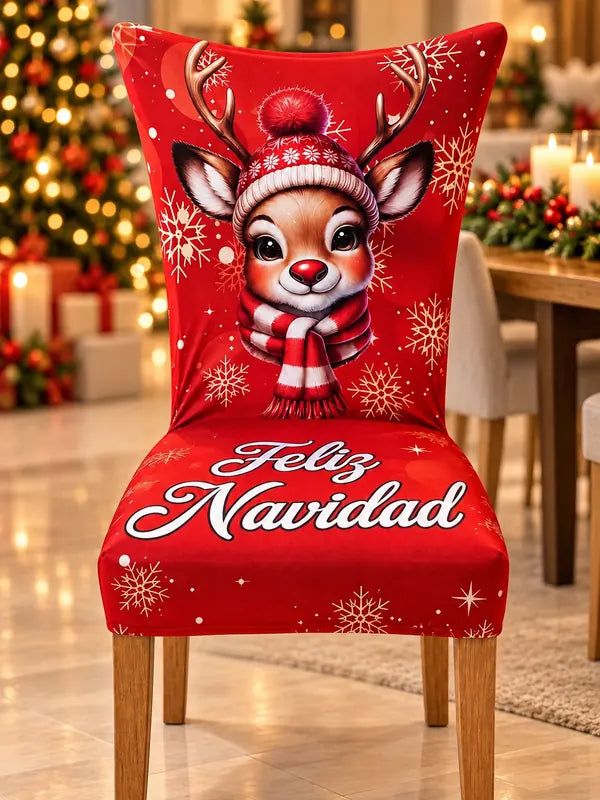 Forro navideño diseño Bambi puesto en una silla