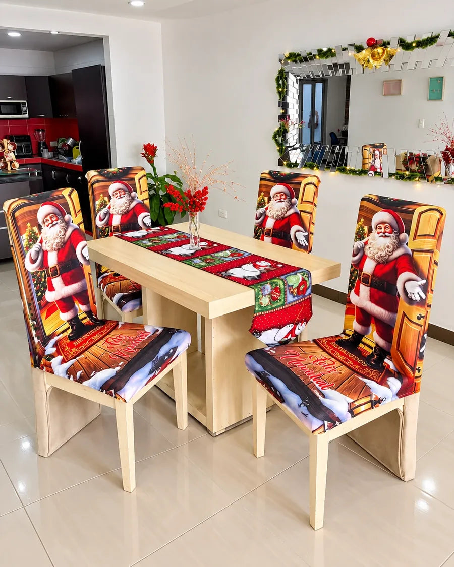 Mujer poniendo un forro navideño en una silla de comedor
